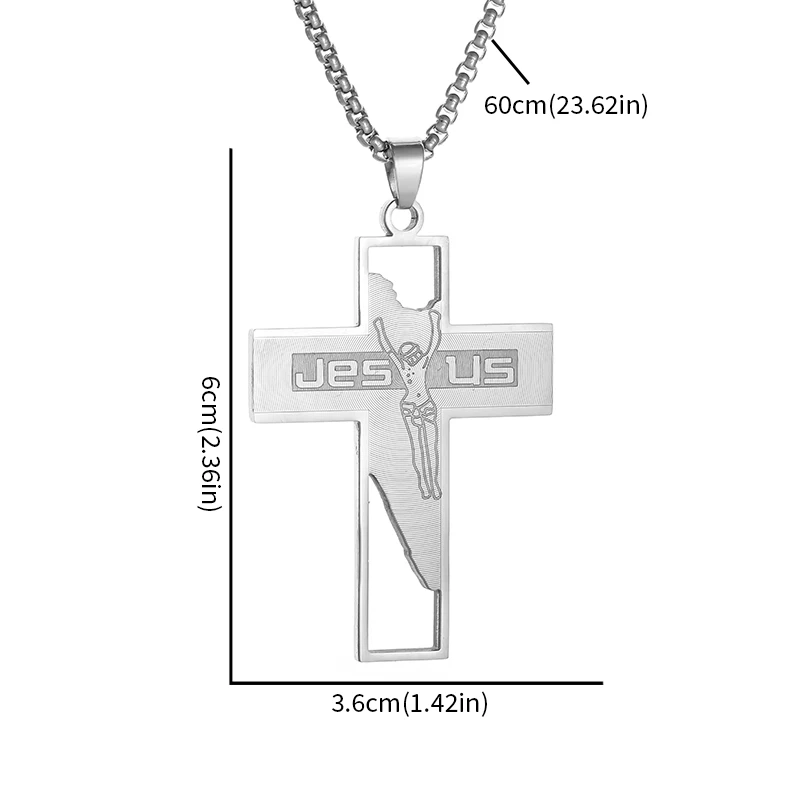 Stainless Steel Engraved Jesus Letters Christian Jesus Cross Pendant Necklace Men Women Catholic Faith Prayer Jewelry