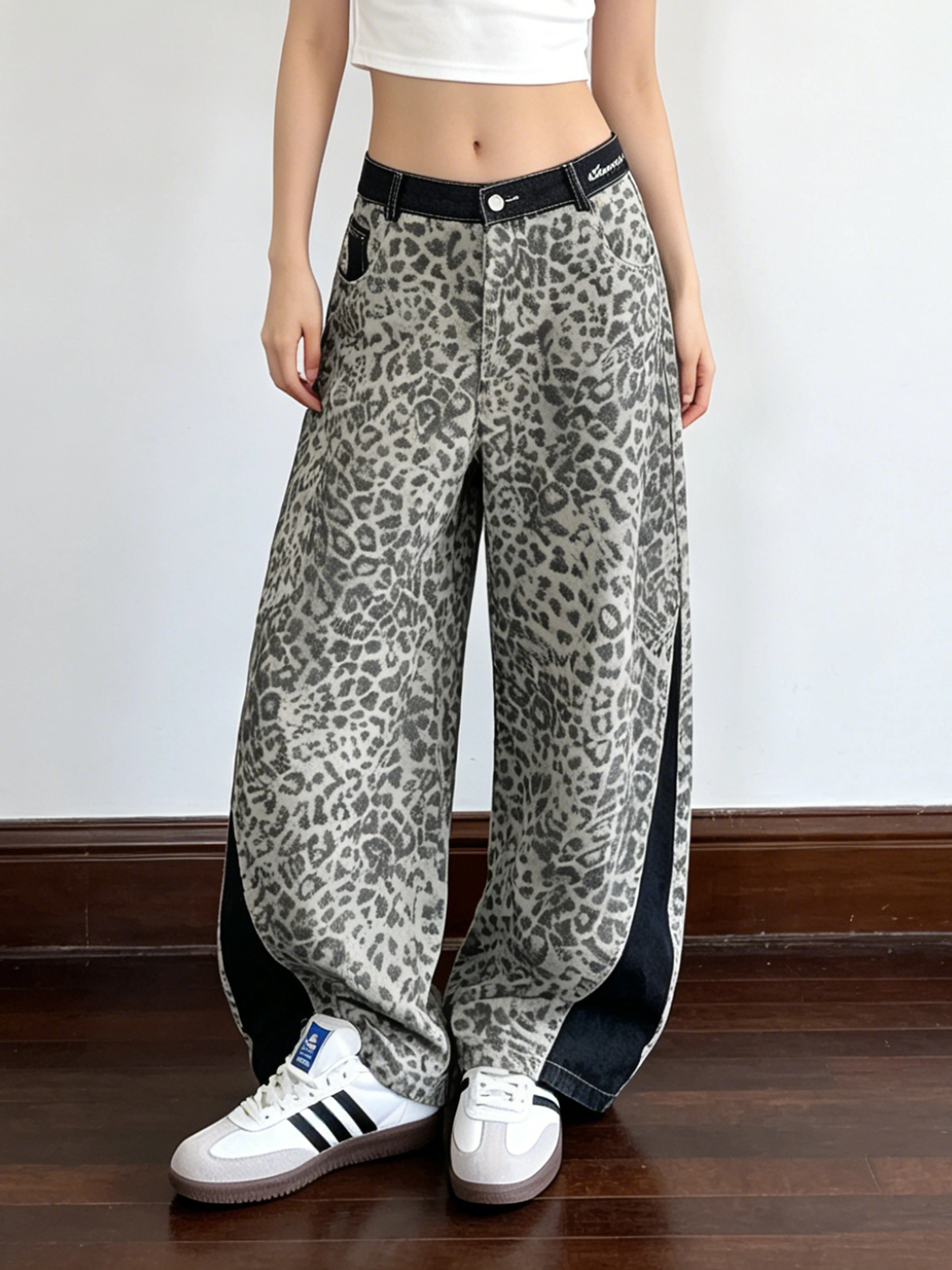 

American Style Leopard Print Patchwork Jeans Women's Wide Leg Slimming High Street Floor-Length Pants Cotton Natural Waist