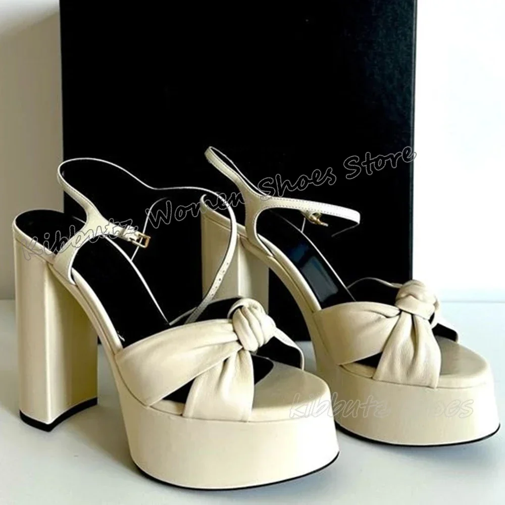 Knots Sandals Platform Leather Solid Color Fashion Elegant Concise Sexy Summer Women Party Dress Wedding Shoes Round Toe Heels