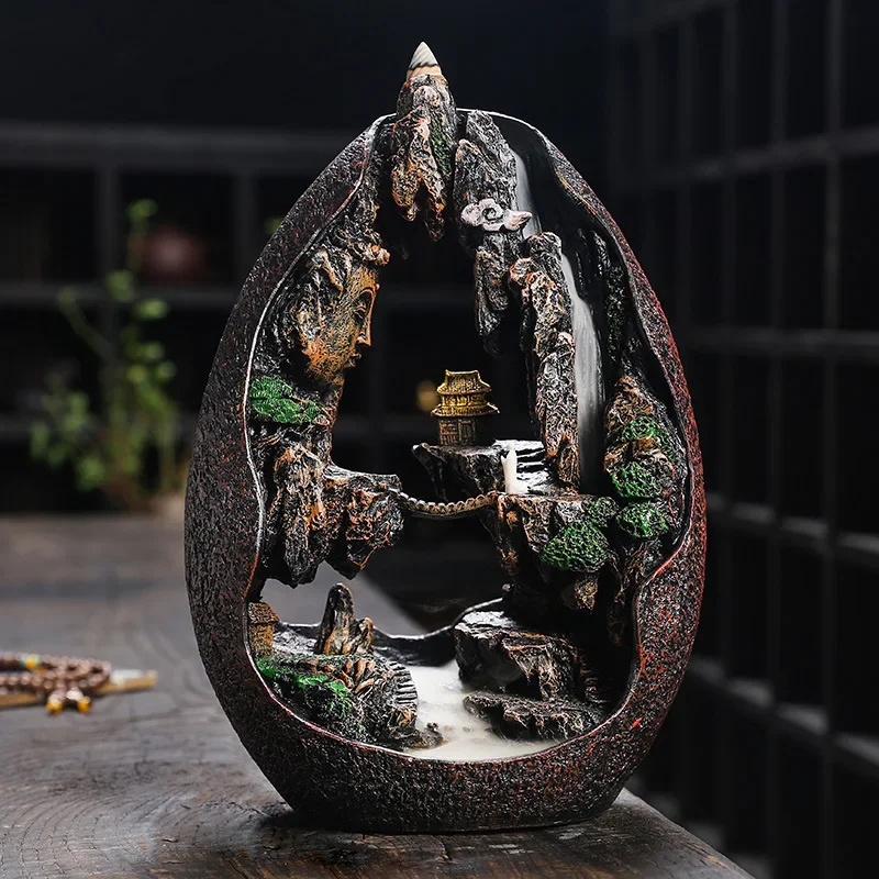 1pc, Zen Buddha Harz Ornament Landschaft Wasserfall Rückfluss Weihrauch Brenner Wohnkultur Räuchergefäß (Ohne Weihrauch)