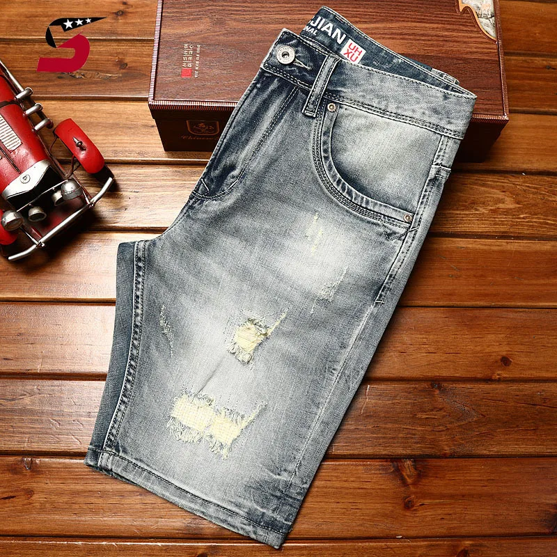 High-End Retro Denim Shorts Men's Summer Ripped Fashion Fashion Brand Washed Casual Trend Korean Style Fifth Pants