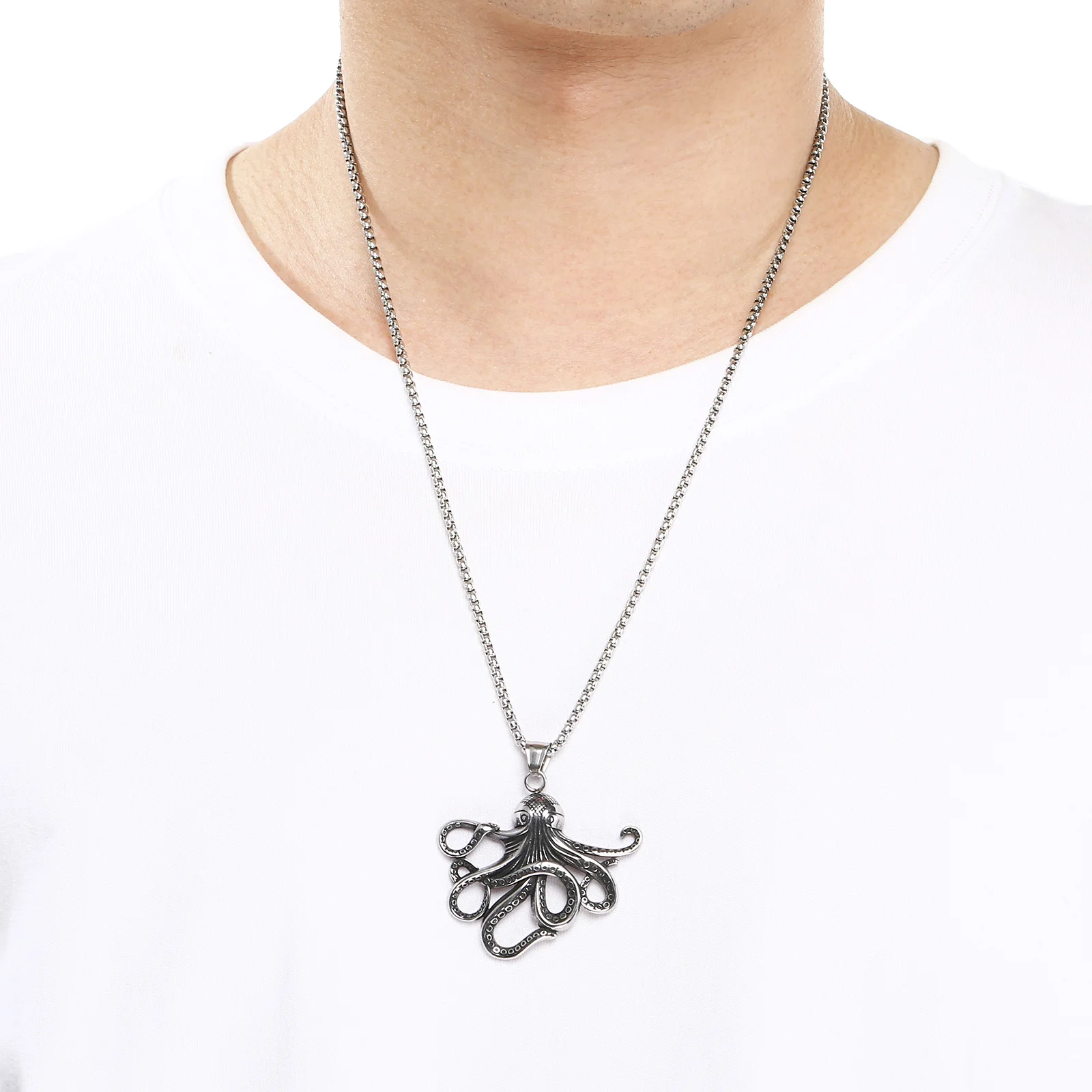 Fongten Punk Men's Vintage Tuna Bone Skeleton Cthulhu Octopus Pendant Necklace Street Motorcycle Outfit Accessories Jewelry Gitt