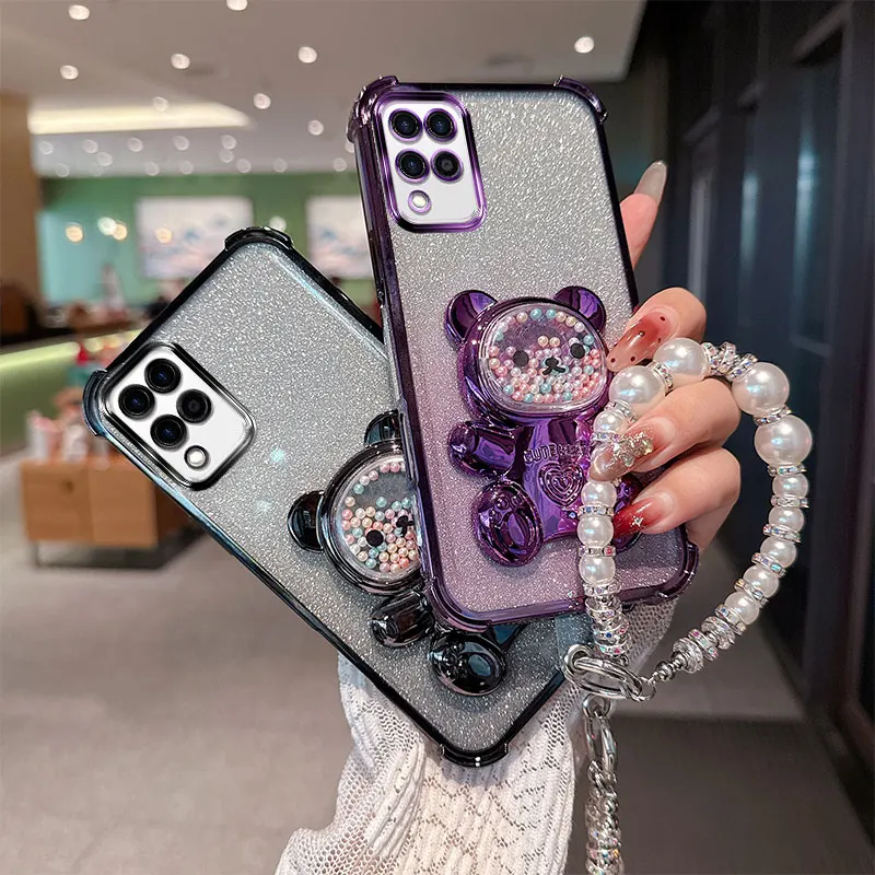 Funda de teléfono con diseño de oso de dibujos animados, correa de perlas, a prueba de golpes, con brillantina, para Samsung Galaxy A12 M12 F12 A22 M32 4G.