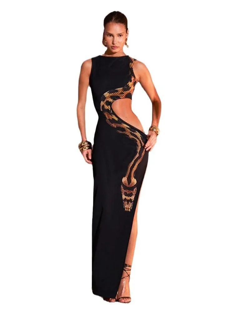 여성용 뱀 프린트 컷 아웃 슬림 롱 원피스, 섹시한 패키지, 힙 바디콘 슬릿 민소매 드레스, 클럽 파티 베스티도스, 2025 신제품