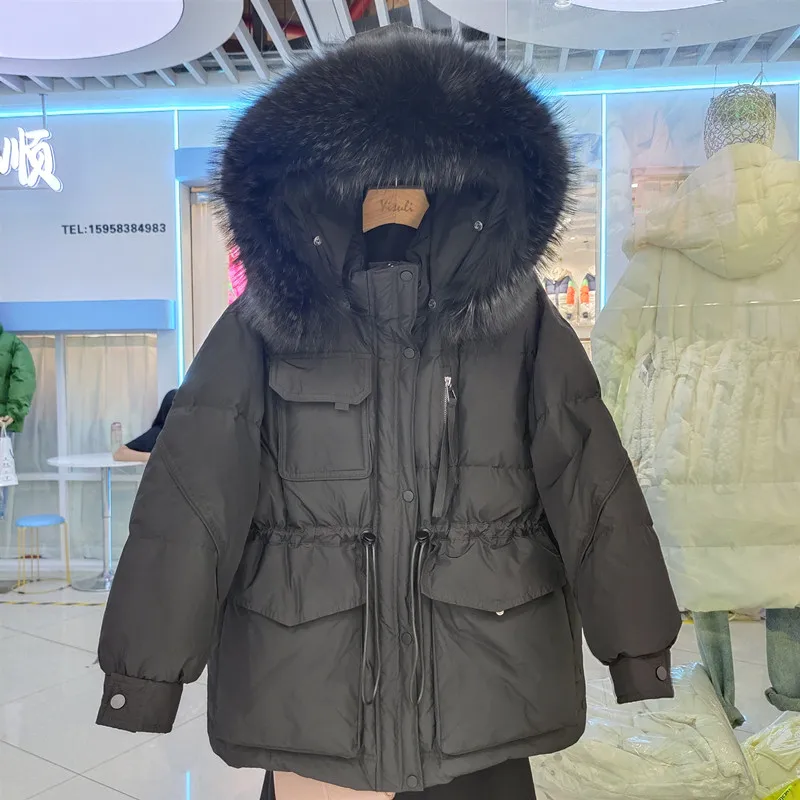 

Winter Natural Large Fur Collar Hooded Down Jacket Female Drawstring Mid Length Jacket Women White Duck Down Warm Parker Outwear