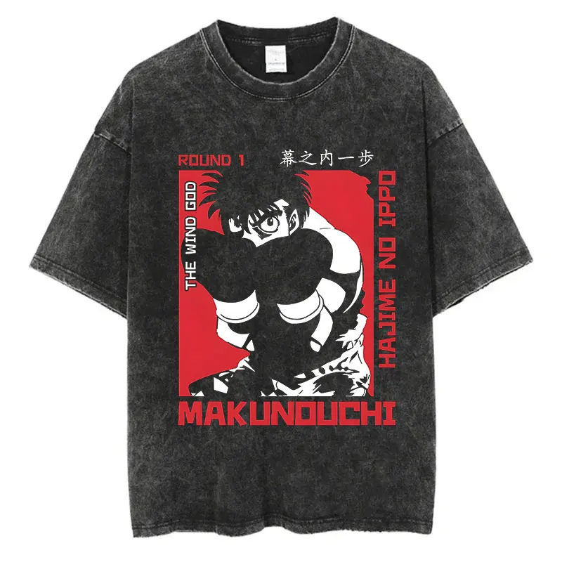 Men's Washed T-shirt Anime Hajime No Ippo Print T-shirt Hip Hop Street Harajuku Kamogawa Boxing Gym KBG T Shirt Short Sleeve Tee
