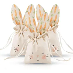 6Pcs Easter Day Beige Linen Burlap Gift Bags Bunny Rabbit Carrot Sweet Candy Bags with Drawstring for Easter Tea Party Favors