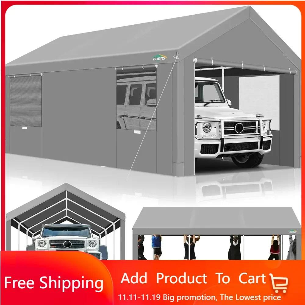 Carport 10'x20' Heavy Duty Portable Garage, Upgraded Car Canopy with Removable Sidewalls, Ventilated Windows  Gray