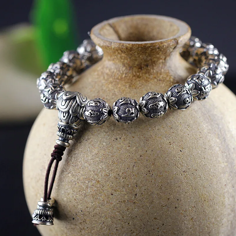 

925 Sterling Silver 10MM Engraved Bead Strand Bracelets Men Elastic Rope Lotus Buddhism Mantra Religious Lucky Bracelet Gift