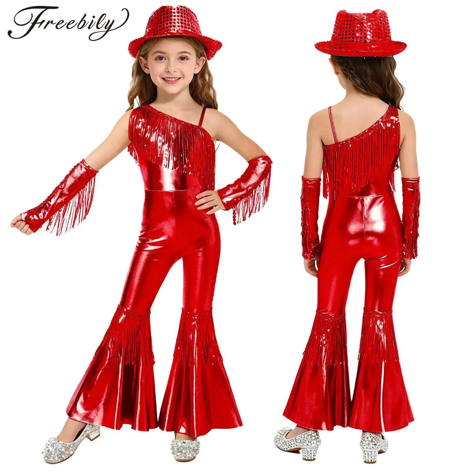 

Карнавальный костюм на Хэллоуин для девочек 70-х годов, диско, хиппи, костюм пастушки, костюм для джазового танца, расклешенный комбинезон без рукавов с блестками и кисточками