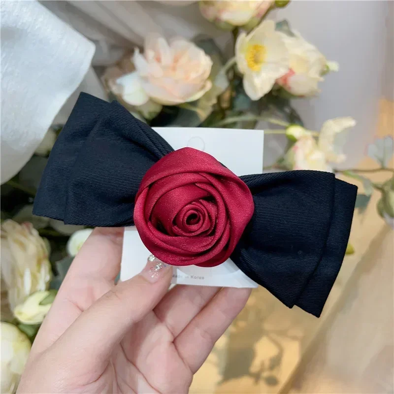 Elegant Ribbon Rose Flower Hair Pins for Women Balck Bow Hair Clips Headwear Korean Fashion Headpiece Ladies Hair Accessory