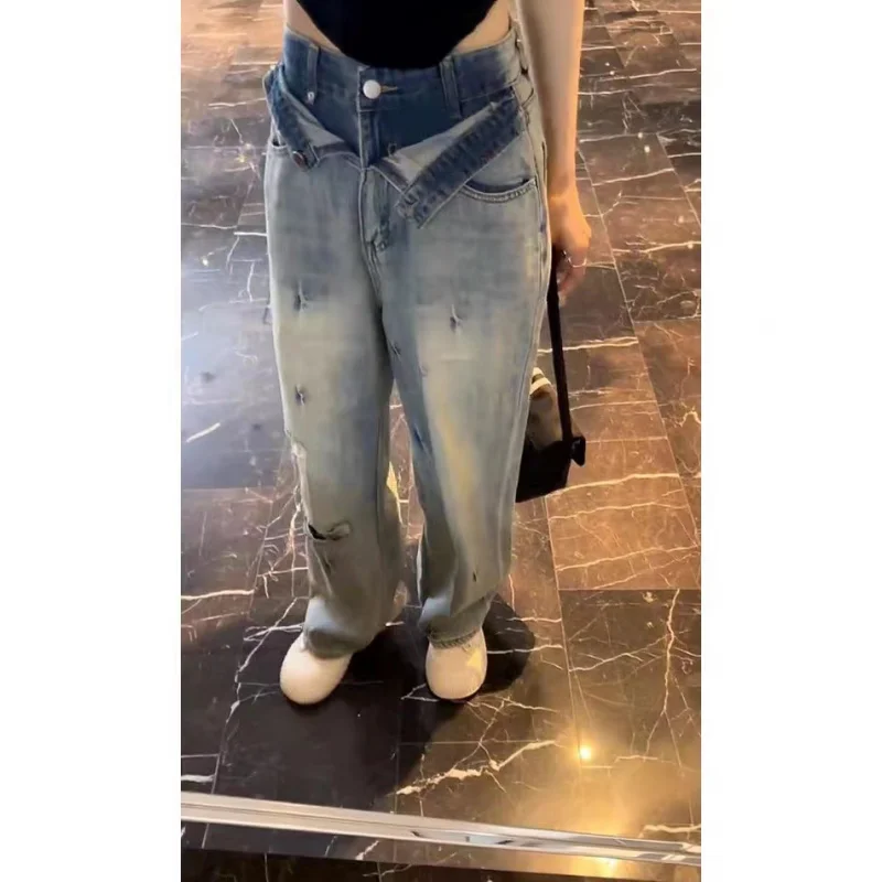 

Women' Bottoms Vintage Blue Hole High Waist Jeans Casual Straight Wide Leg Pants High Street Baggy Mopping Denim Trouser Ladie