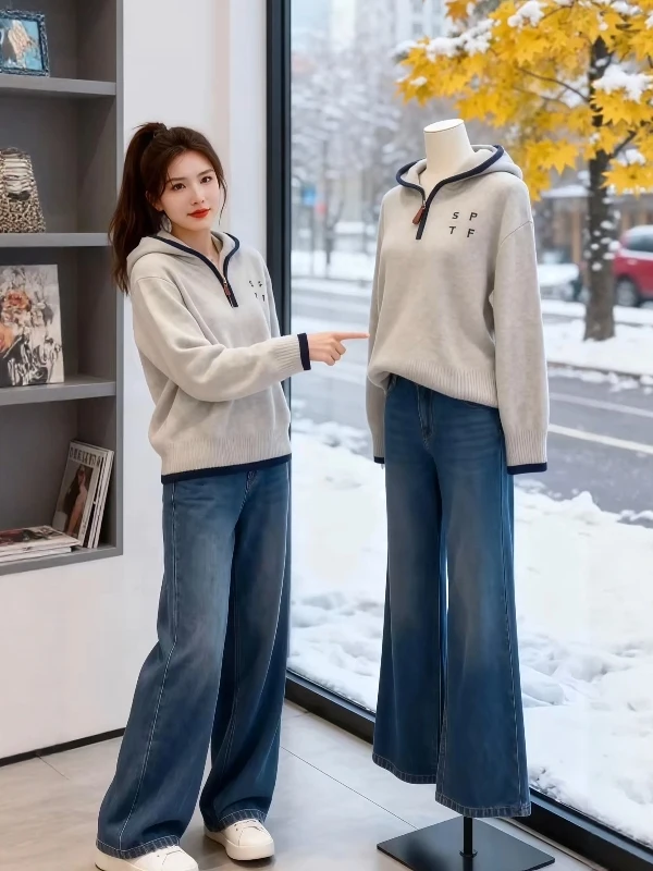 

Мягкий уютный вязаный свитер-худи женский свободного кроя в корейском стиле, осенне-зимняя новинка, большие размеры, омолаживающий эффект