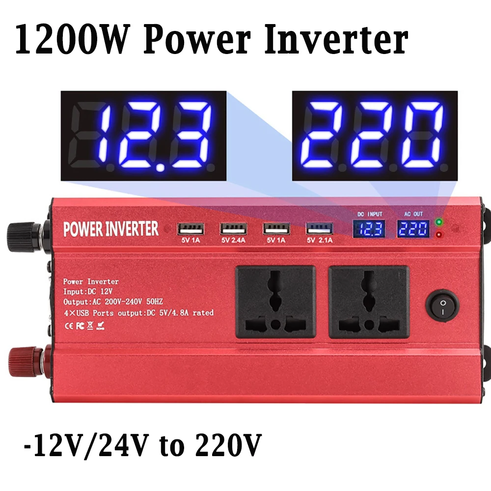 

1200W Power Inverter 12/24V to 220V Car Voltage Transformer Adapter Converter Modified Sine Wave 4 USB Ports Universal Socket