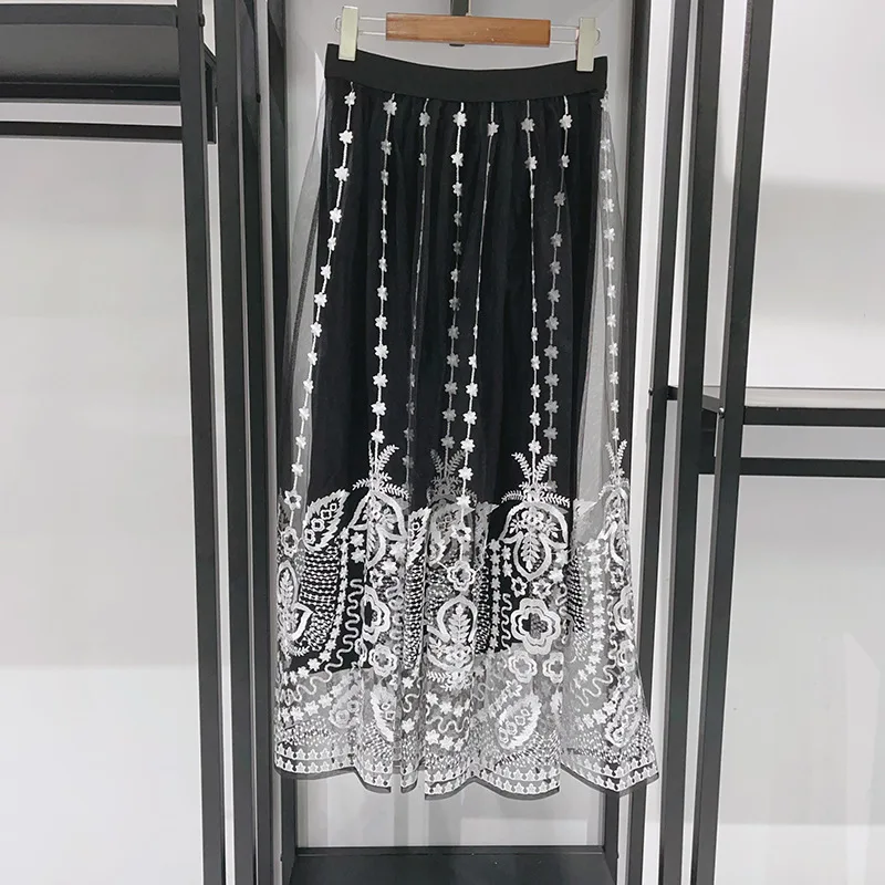 2025 Early Autumn Polyester Floral Embroidered Mesh Midi Skirt skirts for women y2k skirt