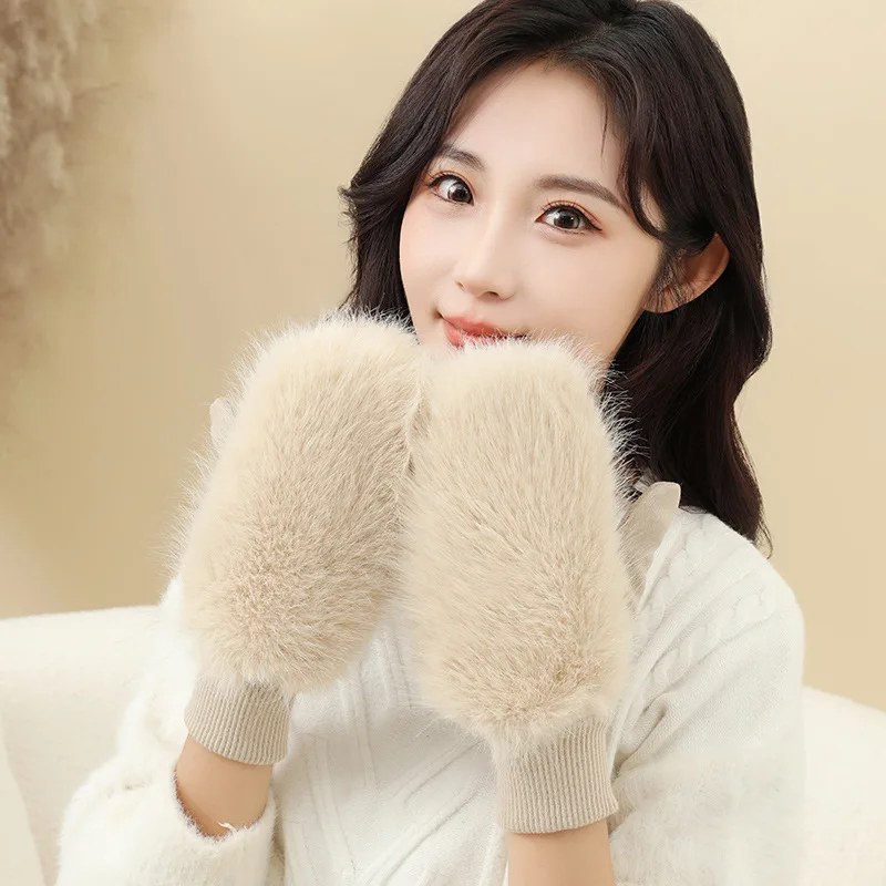 Women Winter Keep Warm Plush Suede Mittens Gloves Cute Sweety Thicken Windproof Soft Fashion Multicolor Drive Riding Outdoor