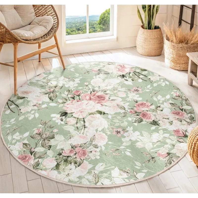 Round Spring Floral Rug – Warm Non-Slip Floor Mat for Living Room Bedroom Bedside Home Decor
