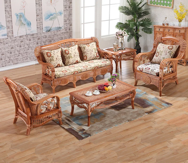 

True plant rattan sofa three-person old-fashioned rattan living room combination