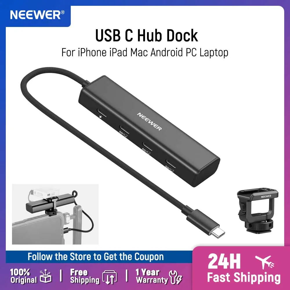 

NEEWER USB C Hub Dock with Cold Shoe Adapter 4 in 1 Multiport Adapter Dongle for iPhone 16 15 iPad Mac Android PC Laptop