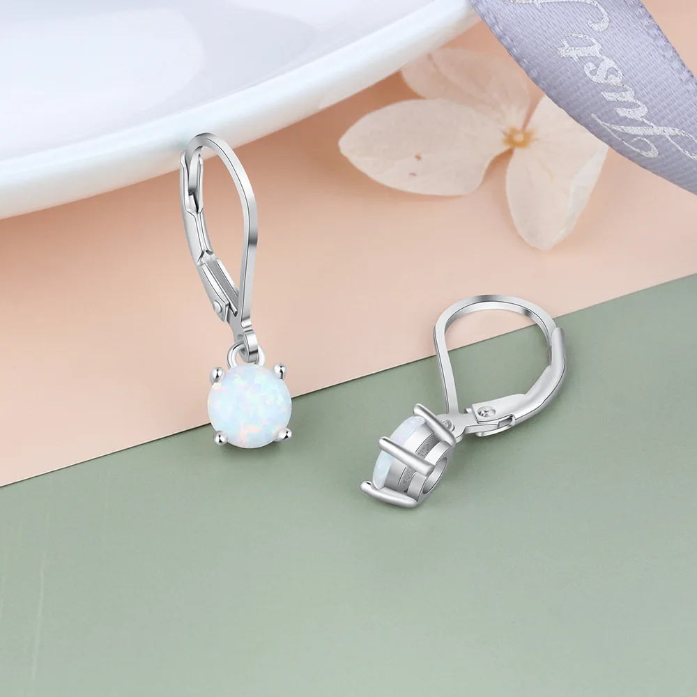 Trumium 925 Sterling Silver White Opal Dangle Earrings For Women Round Shape Match Daily Outfits High Quality Jewelry