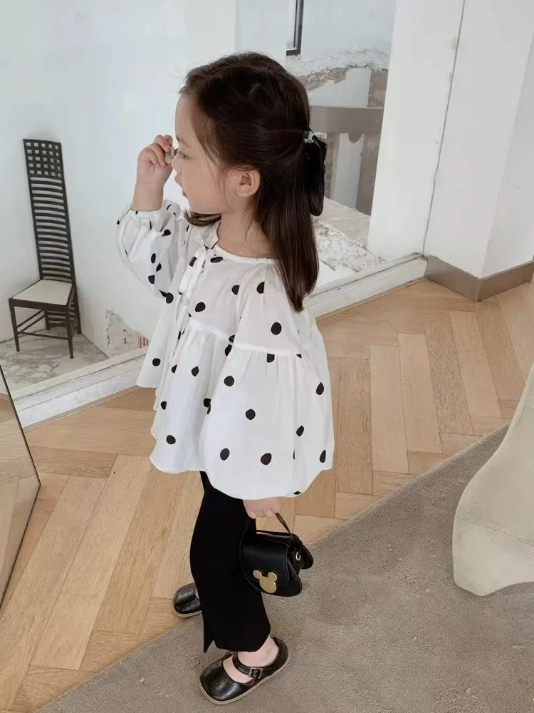 Girls Shirt 2023 Fall New Korean Baby Girl Doll Shirt Long-Sleeved Polka Dot Bubble Sleeve Blouse