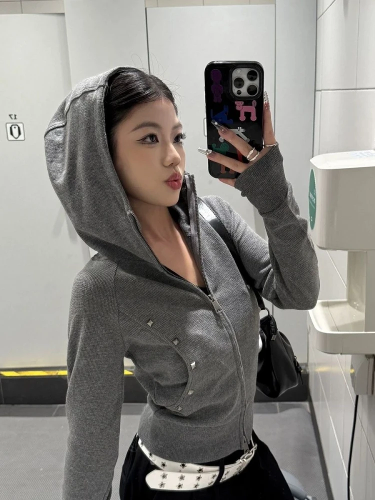 Deeptown Vintage Gray Zip Up Hoodies Women Harajuku Gothic Hip Hop Sweatshirts American Retro Punk Black Streetwear Hoodies