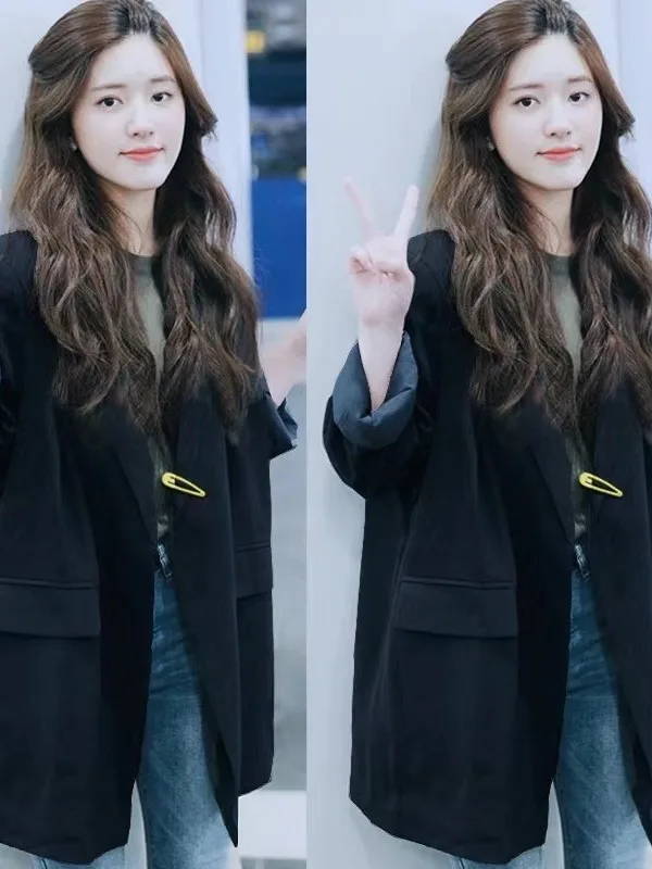 

Slimming Bla Spring Autumn Women's Suit Jaet Casual Loose Sle Versatile Polyester Fiber Commute Ready ort Sve