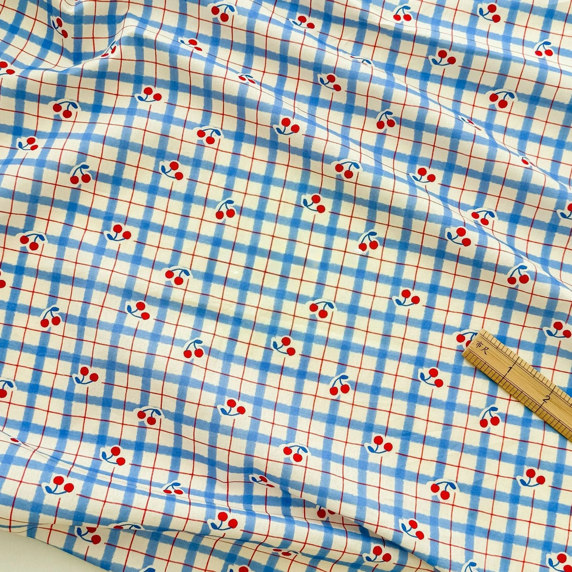 

Red Cherry Blue Plaid Printed Pure Cotton Fabric for Box Bags Children's Clothing Dress Cloth Pajamas Shirts Handmade Sewing