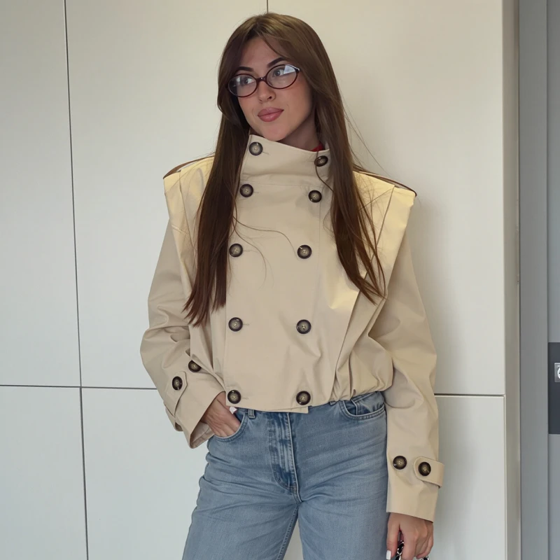 Women Cropped Trench Coat Long Sleeve Tops Female Double Breasted Pleated Jacket Fall Short Windbreaker Casual Women's Outerwear