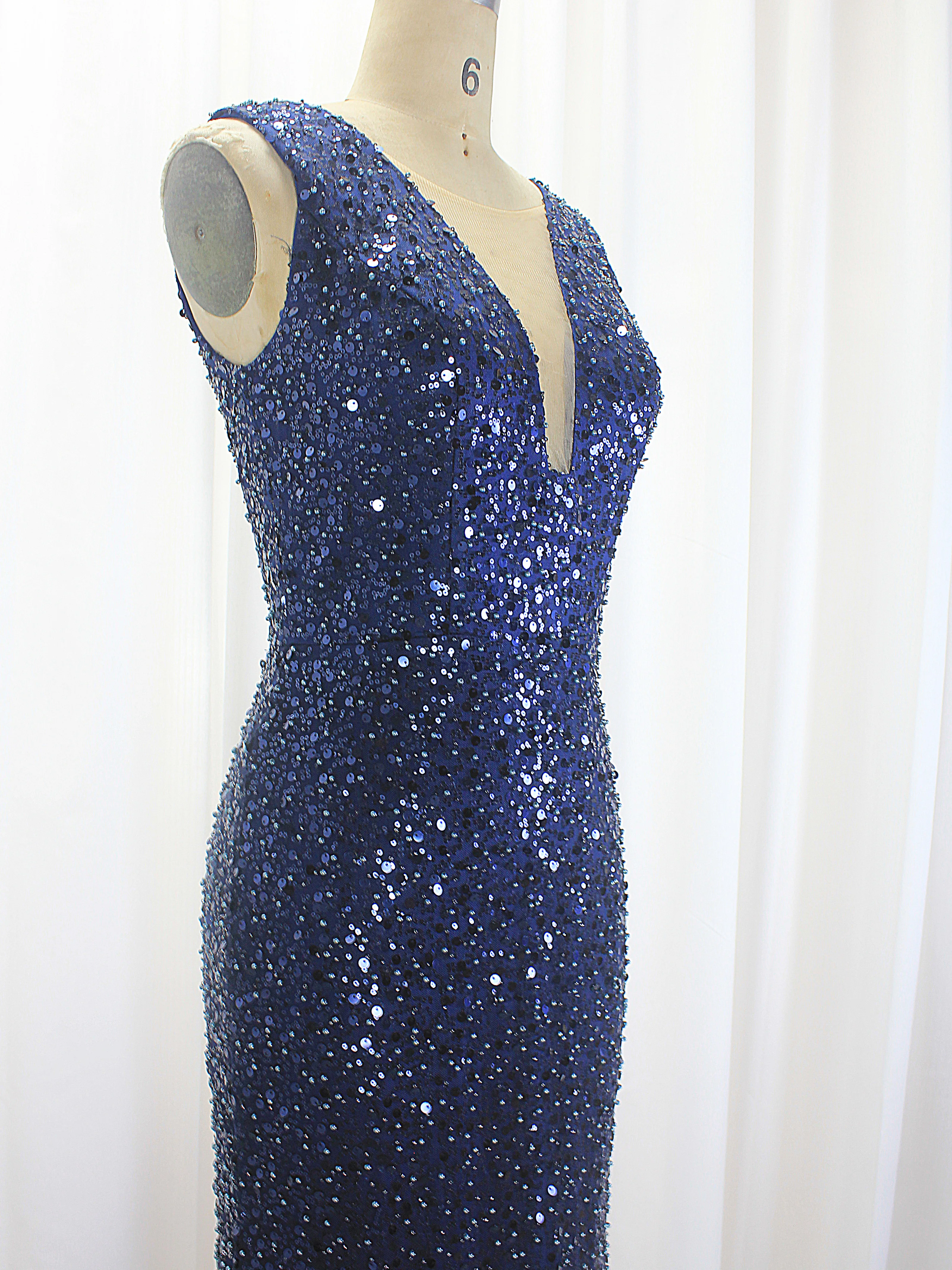 Vestidos de Noche de sirena con cuello en V para mujer, Mangas de lujo, vestidos formales de graduación con cuentas, color azul marino, gran oferta, 2024