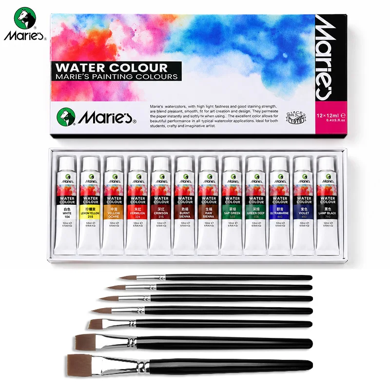 Marie's Art Aquarellfarben-Set mit 7 Pinseln in verschiedenen Größen, professionelles Kunstzubehör für Künstler (12 ml/0,41 fl.oz. pro Farbe)