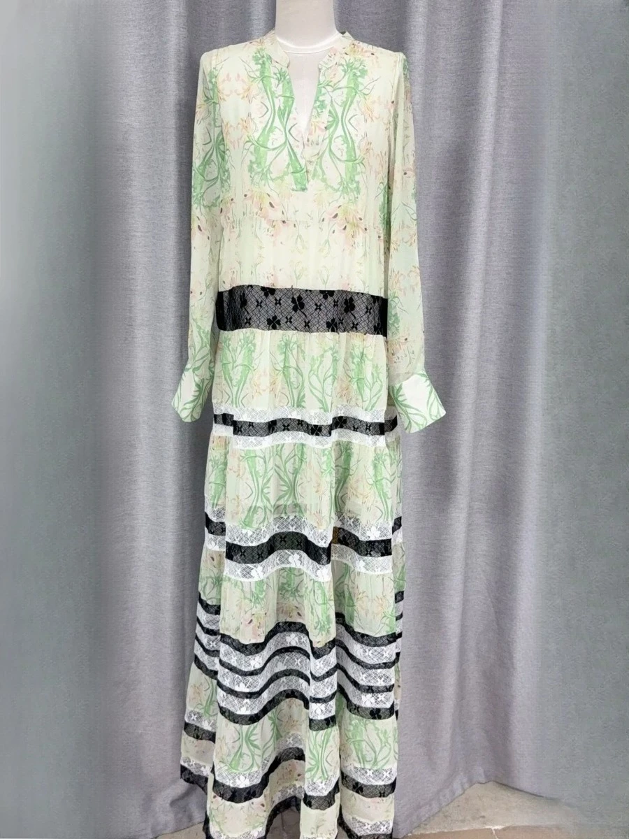 TWOTWINSTYLE Afdrukken Losse Sheer Spliced Lace Casual Jurken voor Vrouwen V-hals Lange Mouwen Mode Jurk Vrouwelijke Kleding Nieuwe