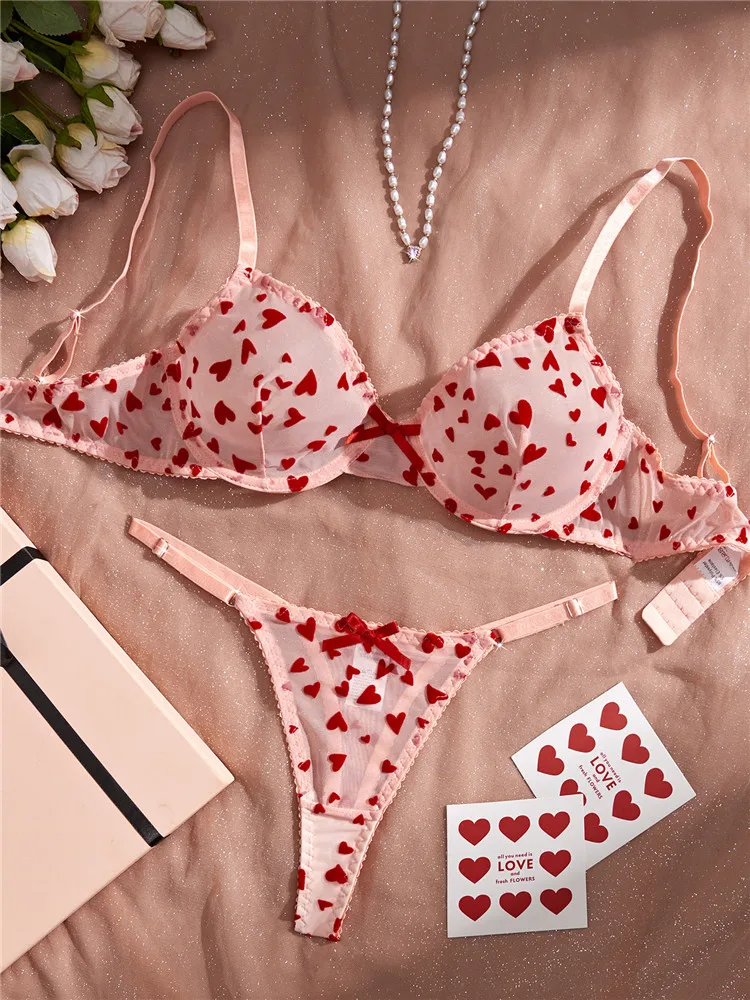 

Sexy Bra Brief Set for Women Seamless Heart-shaped Pattern Romantic Lingerie Underwear Mesh Comfortable 2025 New Exotic Sets