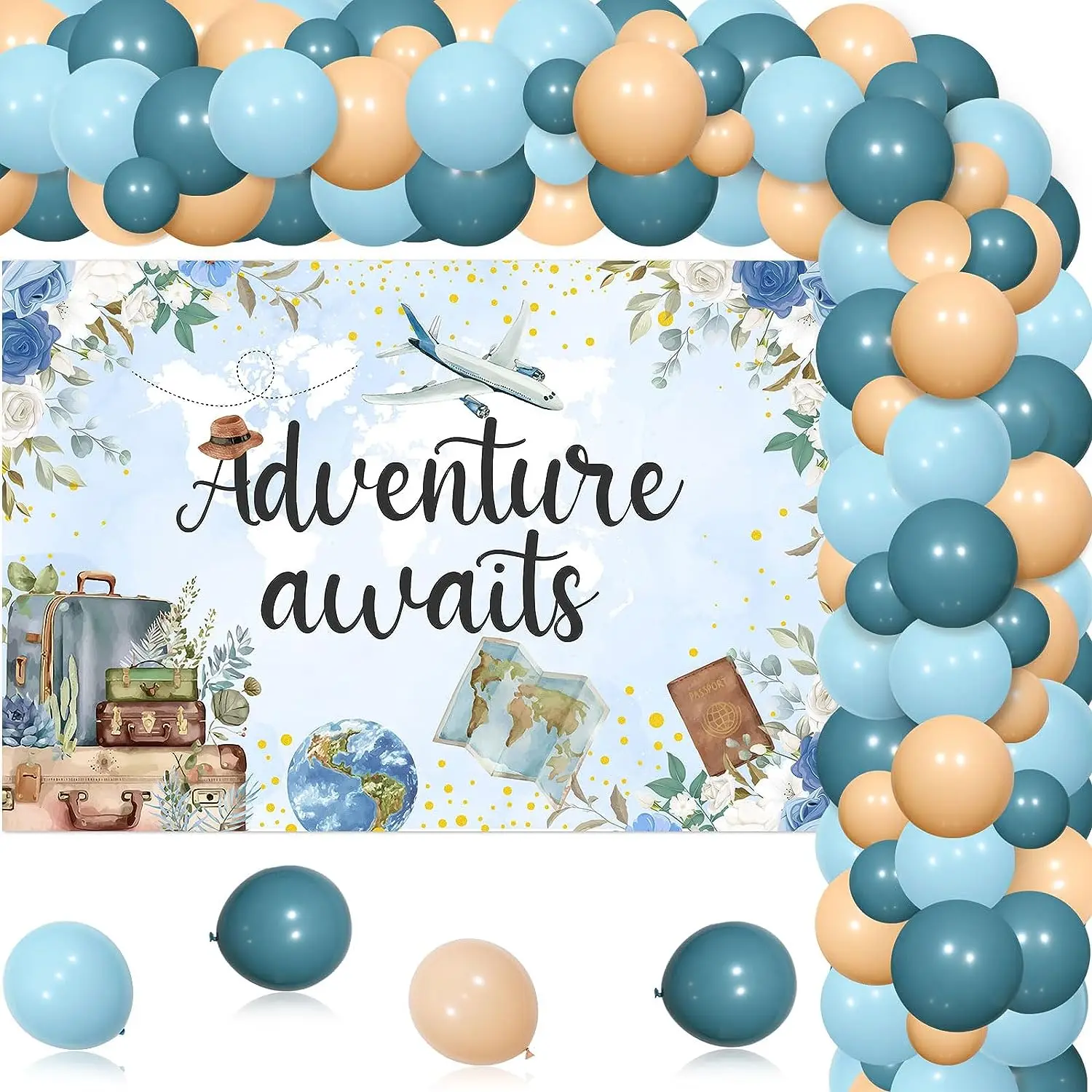 

Travel Themed Balloon Garland Arch Kit with Airplane Backdrop, Decorations for Boy, Adventure Awaits, Baby Shower Decor