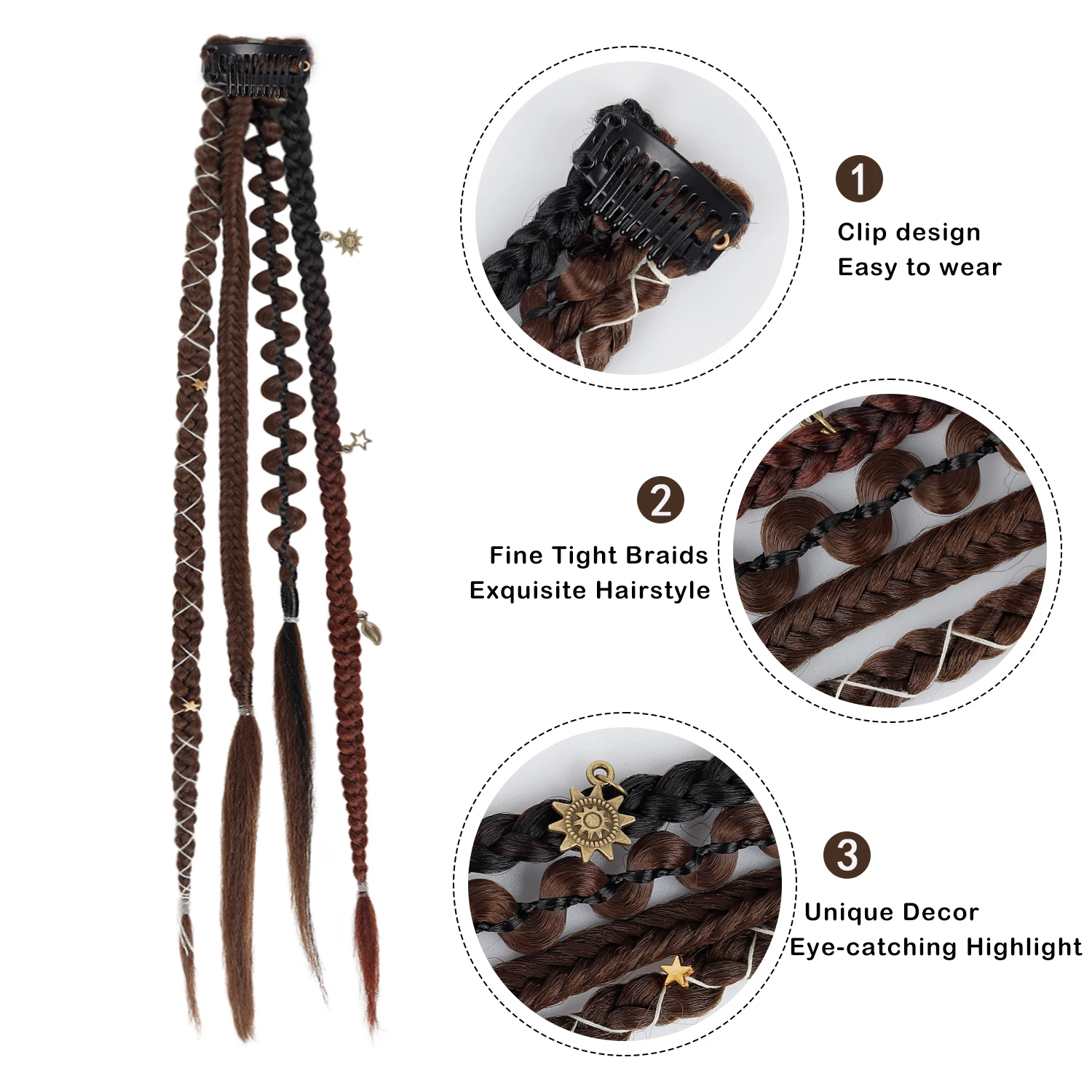 2pcs Bohemian Box Braids Hair Pieces Clip In Hair 16-20Inch Star Beaded Braided Tassel Hair for Rave Halloween Cosplay