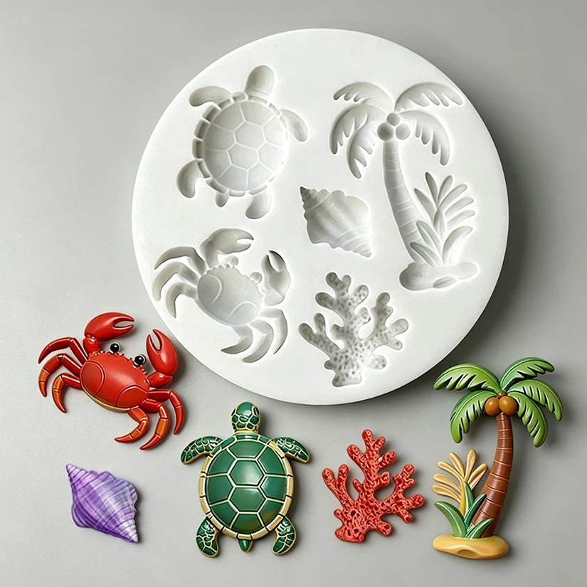 Sea Turtle Crab Coconut Tree Ocean Silicone Sugarcraft Mold Chocolate Cupcake Baking Mould Fondant Cake Decorating Tools
