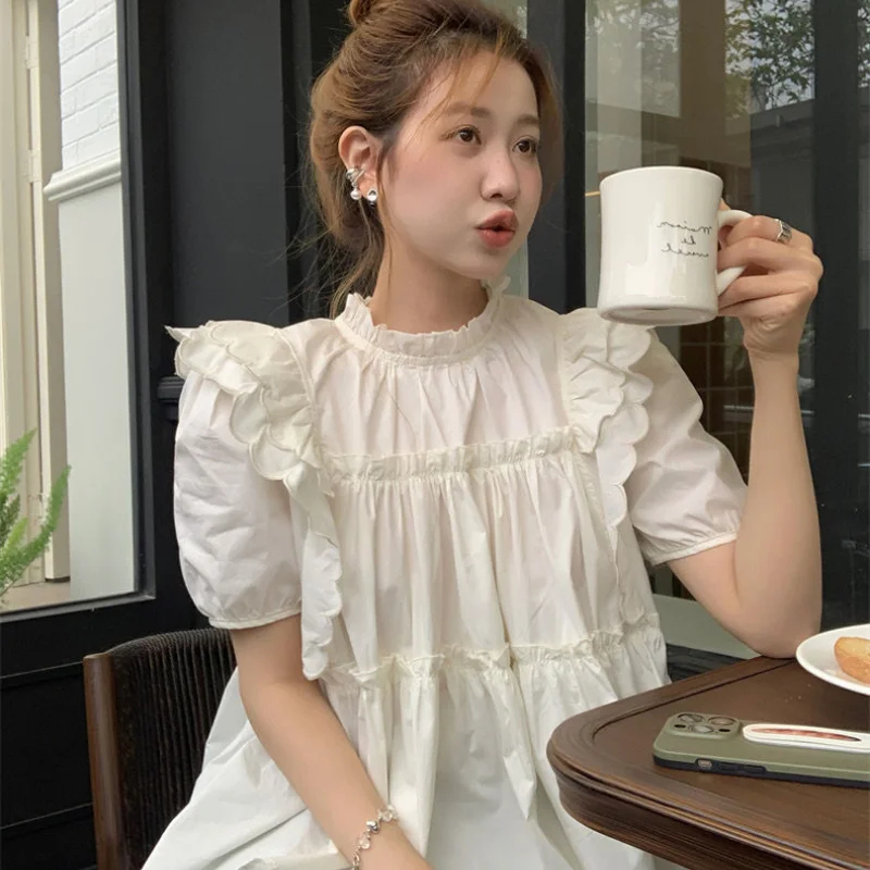 Sweet Pleated Loose Blouse Summer New Short Sleeve Solid All-match White Youth Fashion Blouse Elegant Korean Women Clothing