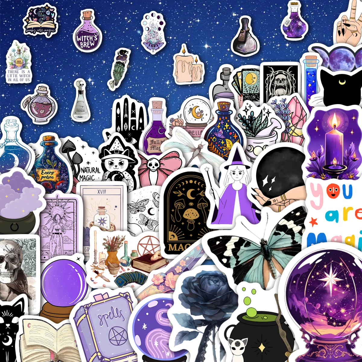 100pcs Celestial Witchcraft Vinyl Stickers | Mystical Illustration Decals for Planner, Diary & Wall Decor, DIY Crafters & Magic