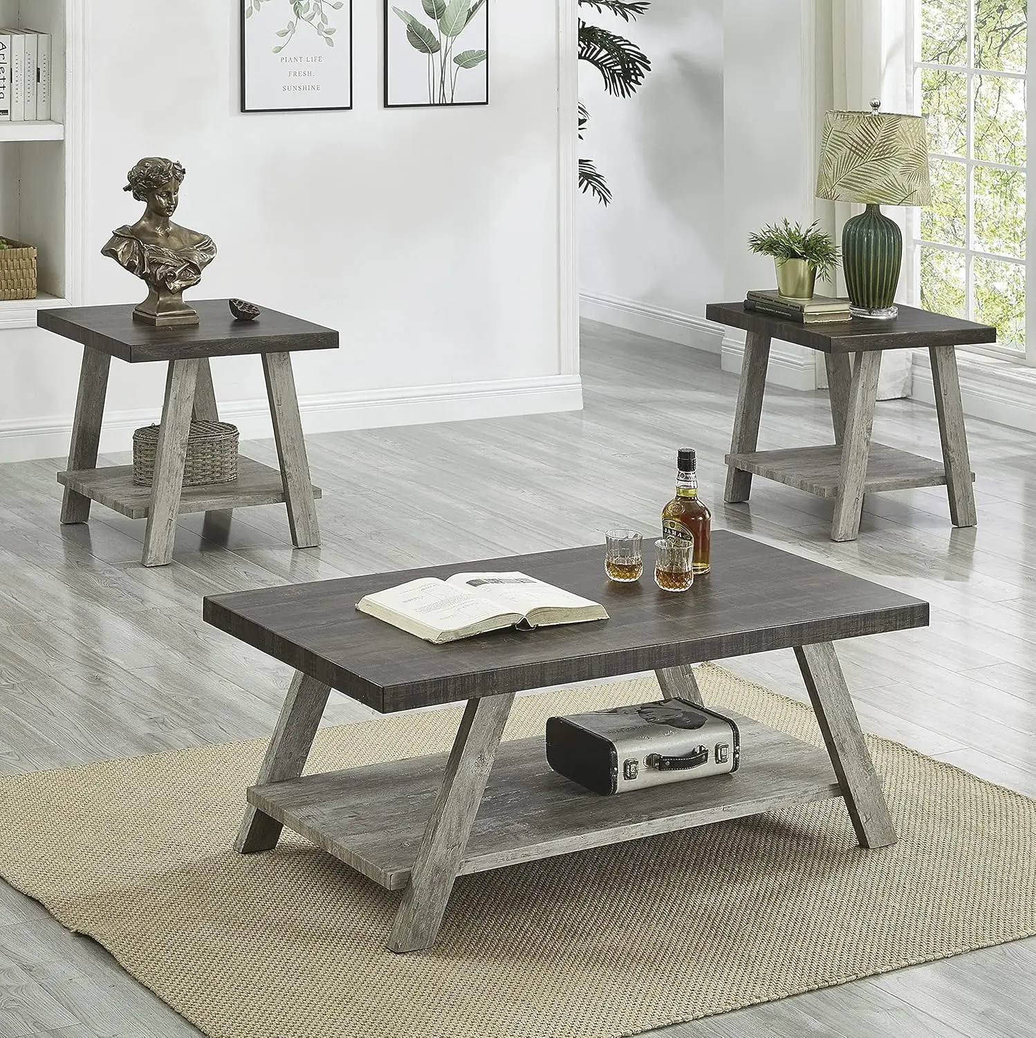 

Contemporary 3-Piece Wood Shelf Coffee Table Set in Weathered Walnut and Gray, Modern Living Room Furniture