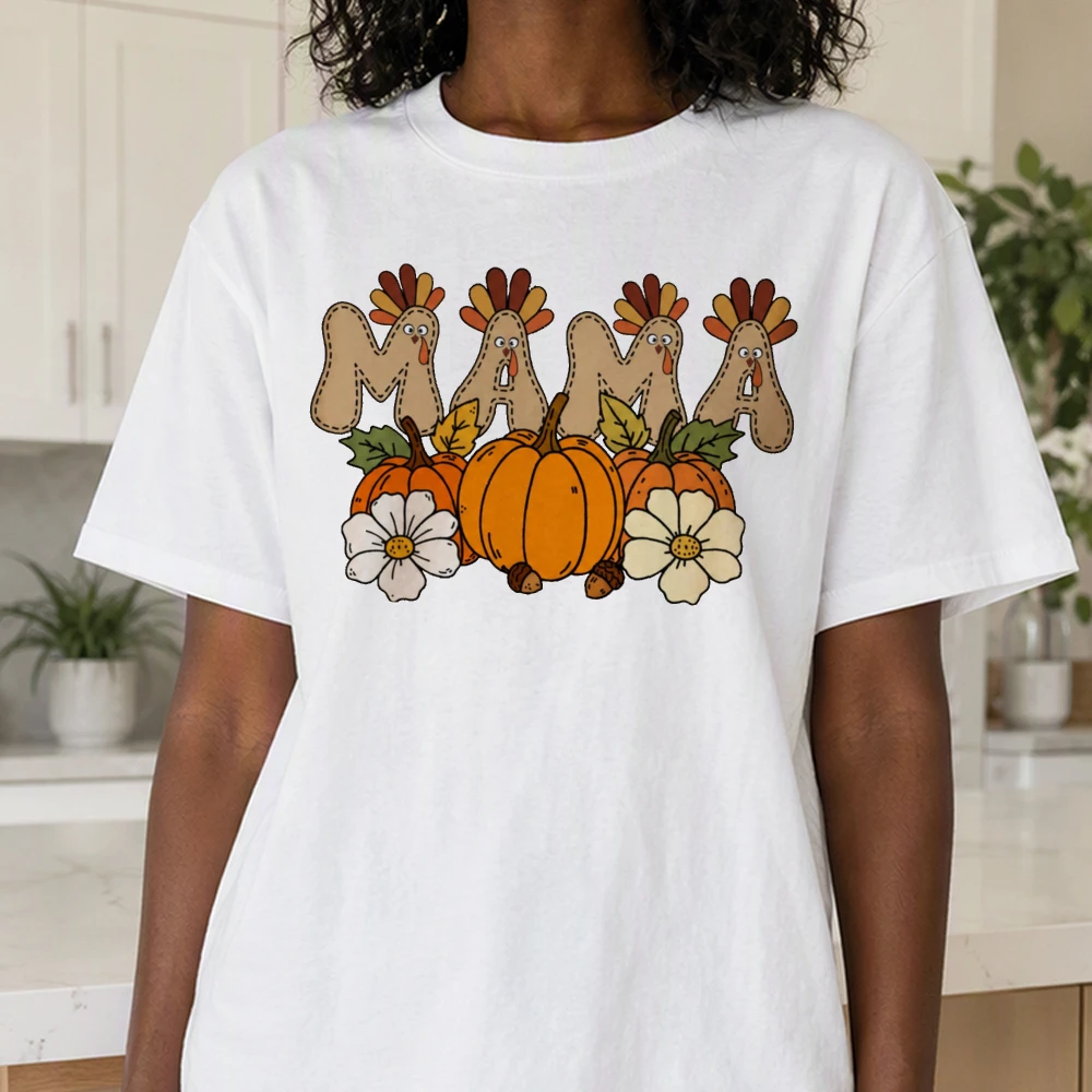 Thanksgiving Mama T Shirt Unisex Cotton Turkey Pumpkin Graphic Printed T-Shirt Women Men Soft Fall Casual  Shirts for Women