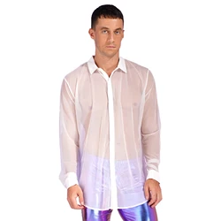 IEFiEL-Sexy Men's See Through Mesh Long Sleeve Shirt, Clubwear Top, Slip Homme Shirt, Evening Party Clothing