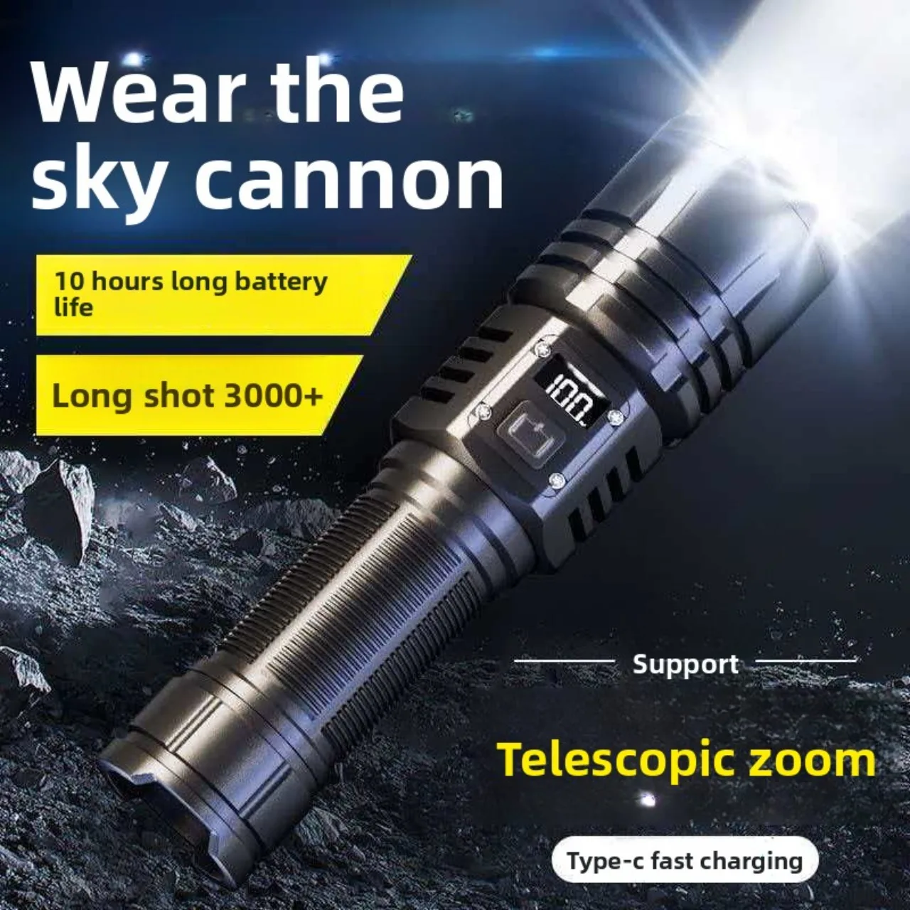 Rechargeable LED Flashlight Zoomable Torch with LCD Display 5 Modes Waterproof High Power Hand Light Outdoor Wilderness Camping