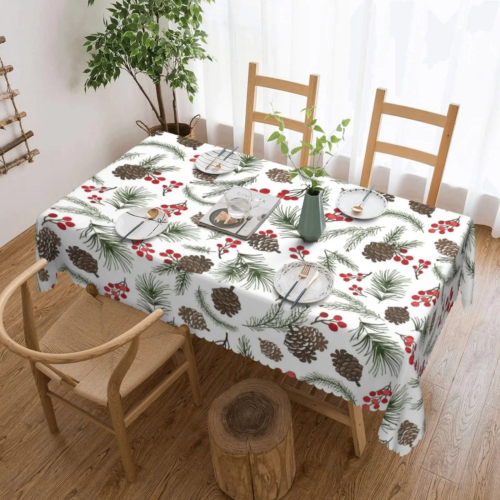 Christmas Pine Cone Berry Print Tablecloth, Scalloped Edge Woven Twill Table Cover for Kitchen Dining Holiday Party Decor