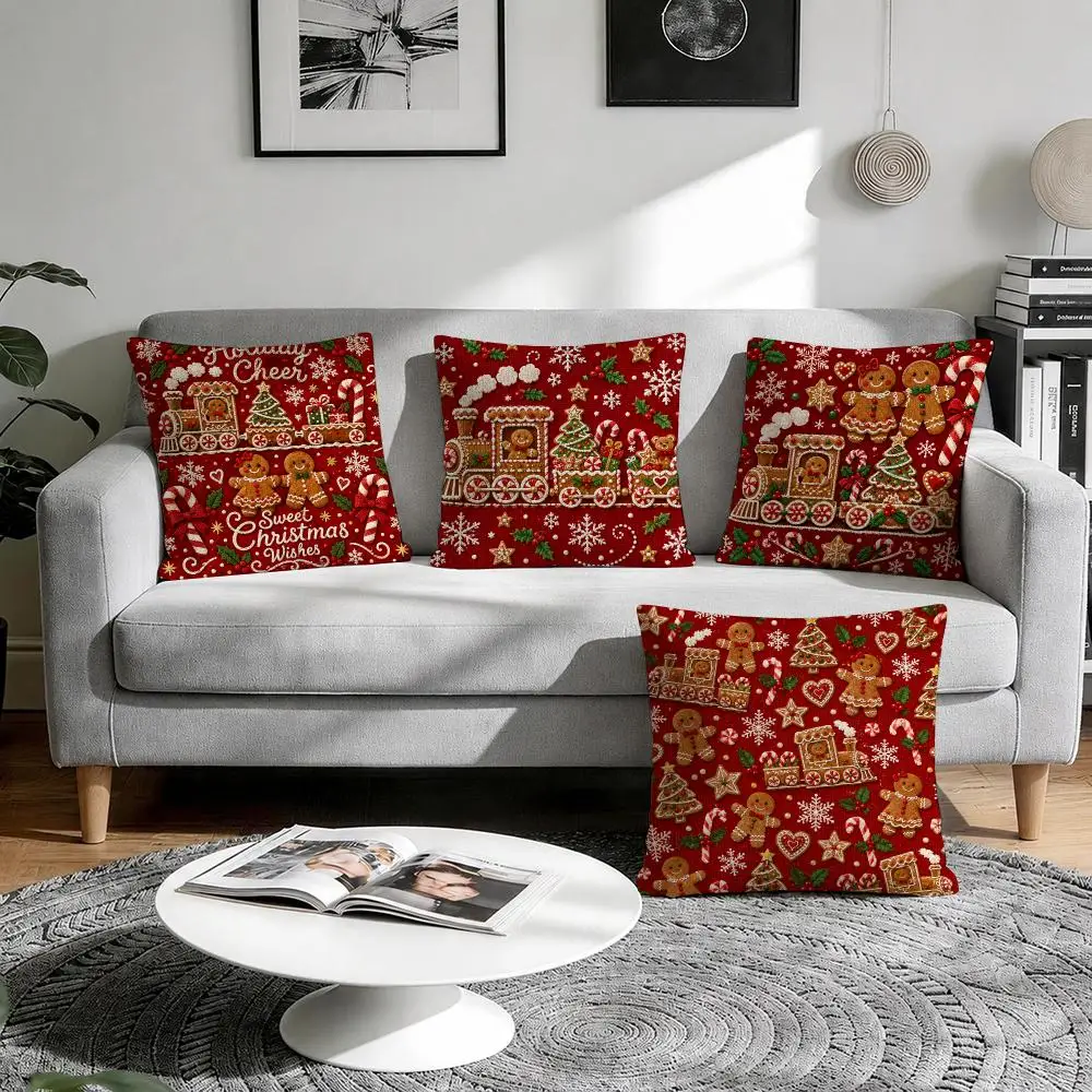 Gingerbread Train Cushion Cover 1/4Pcs Linen Throw Pillow Covers Double-Side Print Sofa Couch Living Room Decor