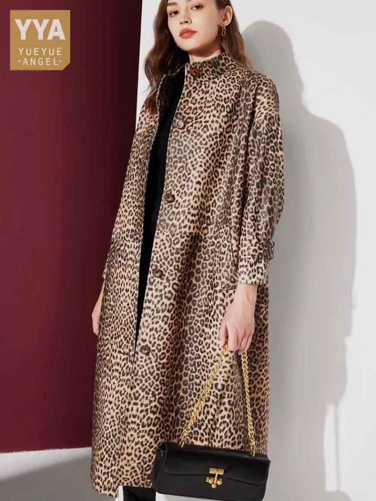 Office Ladies Single Breasted Fashion Cowhide Printed Trench Coat Stand Collar Leopard Print Women Genuine Leather Long Overcoat