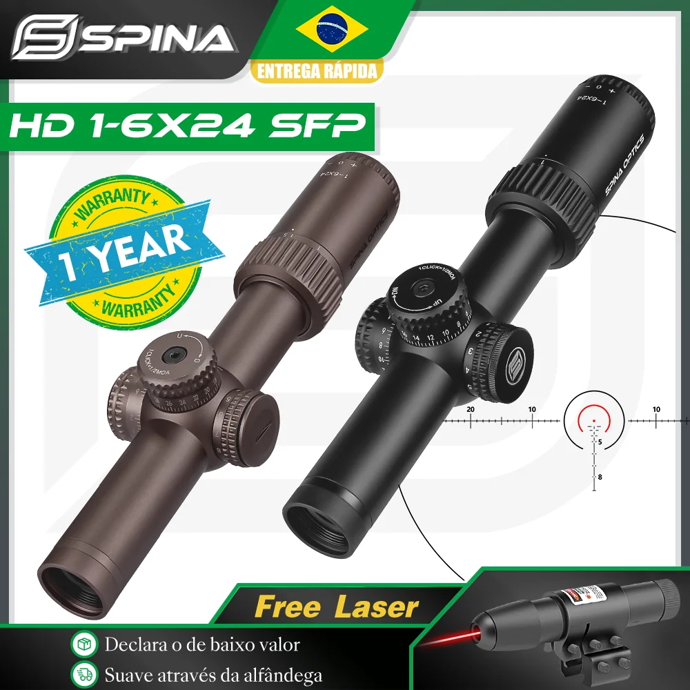 SPINA OPTICS 1-6x24 Riflescope Glass Etched Reticle Mid Dot Dual Purpose Red Dot Turret lock System Wide Field of View 22LR.556