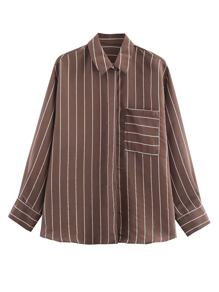 

HH Women's Fashion Versatile Lapel Pocket Striped Long Sleeve Shirt Female Simple High Street Single-Breasted Loose Casual Shirt
