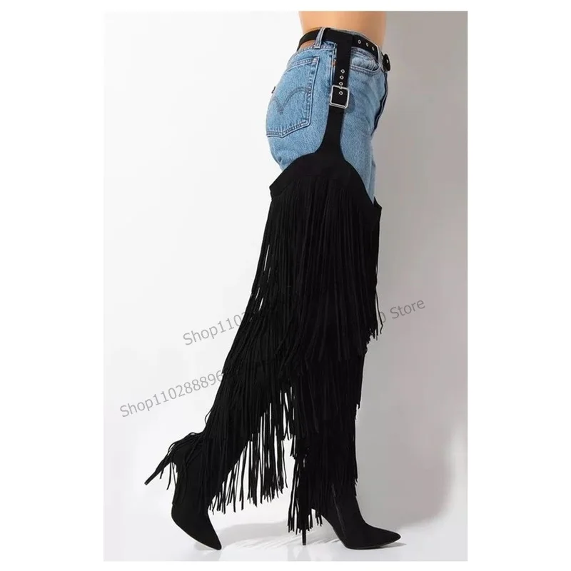 Thigh High Mixed Color Fringe Decor Boots Stilettos High Heel Women Shoes Side Zipper Pointed Toe 2023 Sexy Zapatos Para Mujere