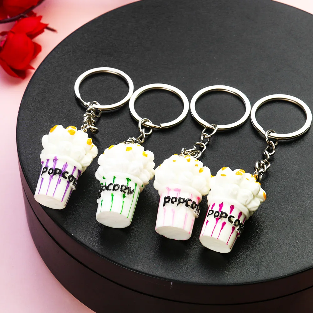 Mini Bucket Popcorn Keychain PVC Material Fast Food Snacks Key Chain Ring Backpack Ornament Promotion Jewelry Birthday Gift