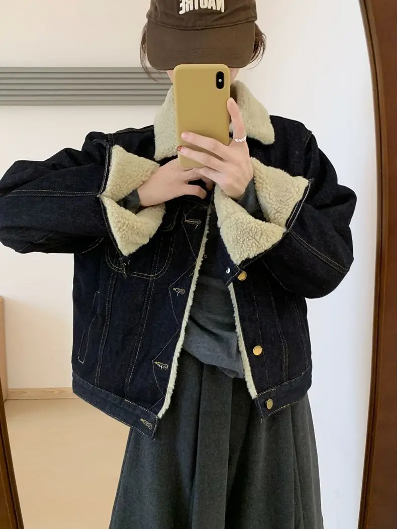 

Denim Coat Leopard Fur Plush Womens Autumn Buttoned Standneck Old Money Urban Office Snap Button Chic Slimming Fluffy Layered OL